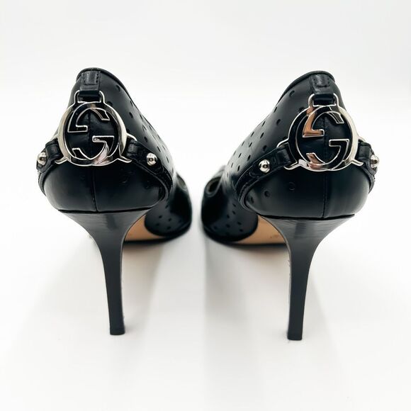 Gucci Interlocking GG Pointed Toe Black Leather Heels Pumps Size 8.5 - Picture 3 of 16